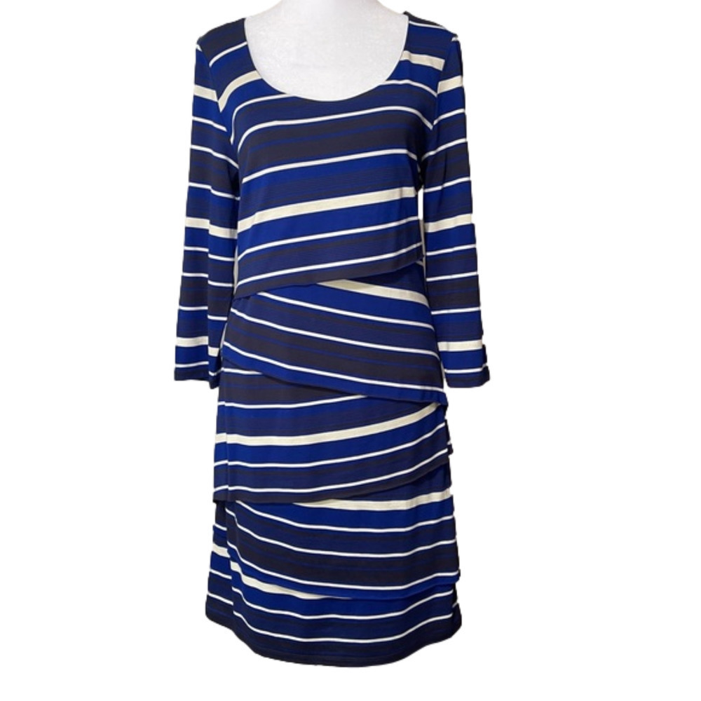 NWOT I.N.C. Bandage Stripe Scoop Neck Fitted Dress 3/4 Sleeve Asymmetric Pattern